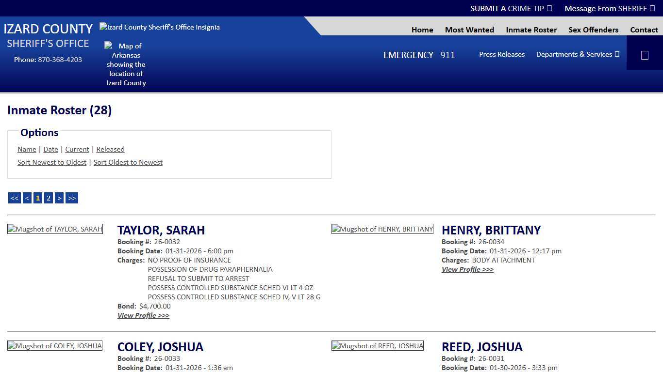Inmate Roster - Current Inmates Booking Date Descending - Izard County Sheriff AR